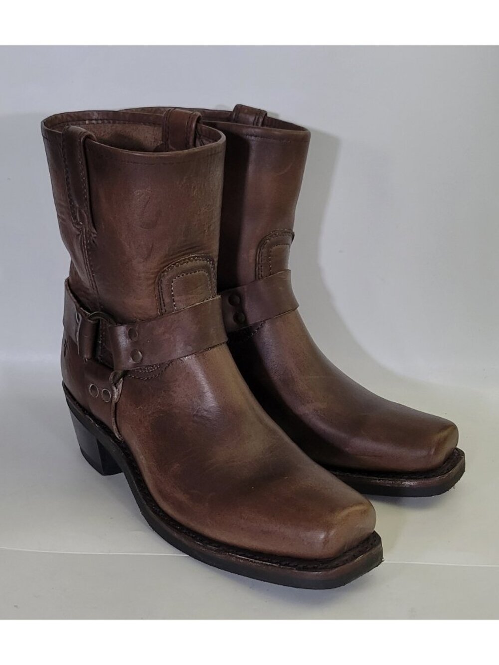 FRYE USA Made Brown Leather Harness Engineer Cowgirl Biker Moto Ankle Boots 8.5M